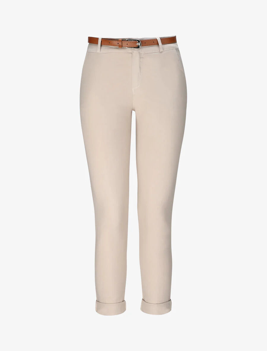 Hoge taille effen chino broek in gemengde katoen - Beige