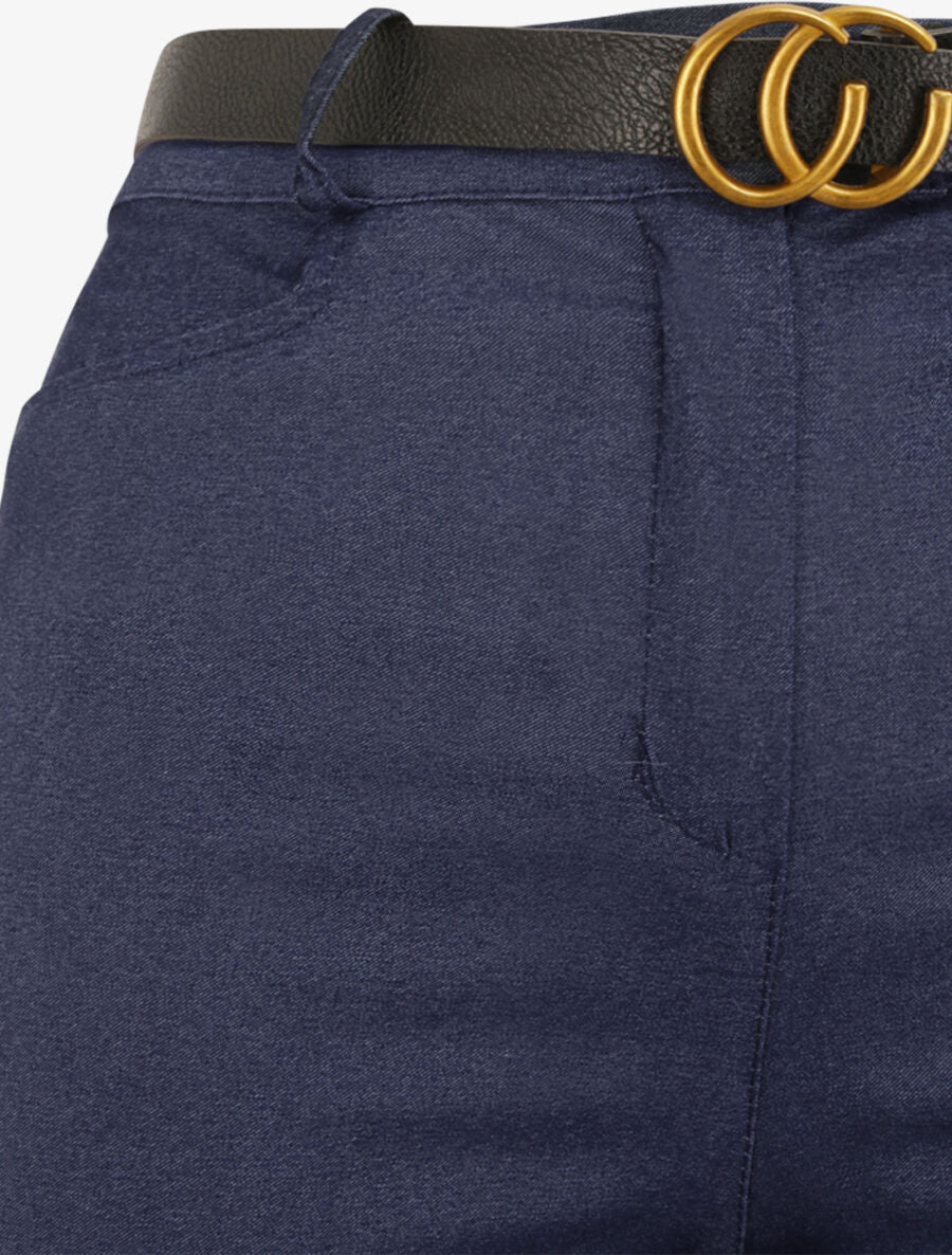 Hoge taille effen slim fit broek - Blauw denim - Image 3