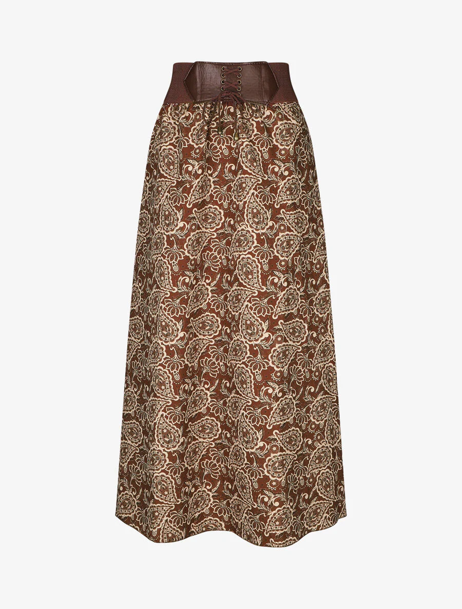 Hoge taille lange cachemire gedrukte rok - Bruin