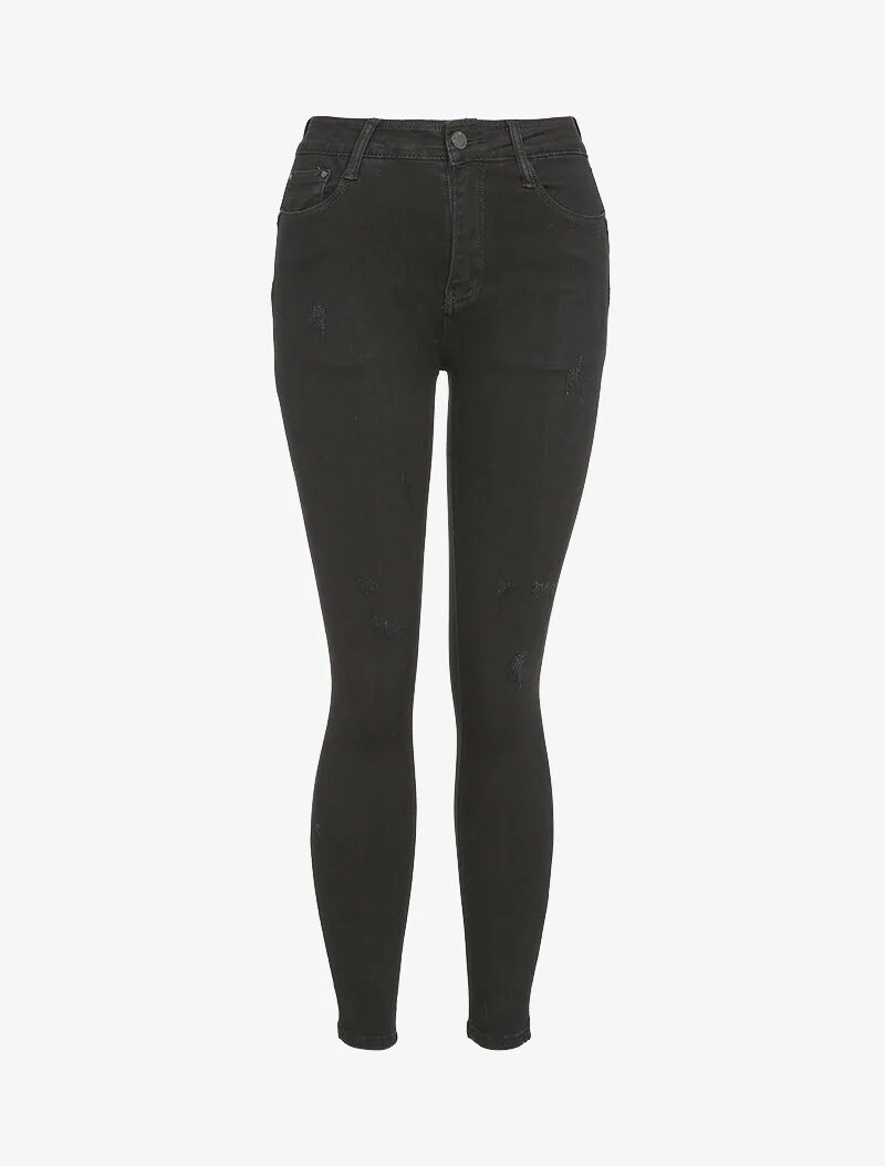 Hoge taille skinny jeans met scheuren - Zwart