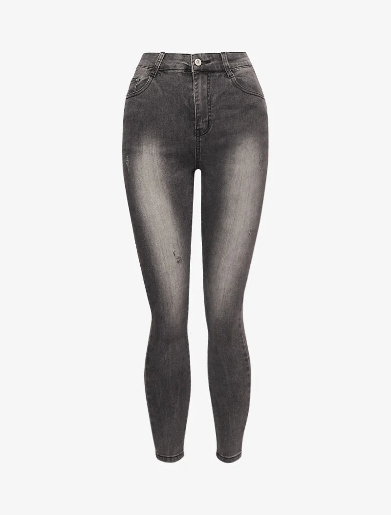 Hoge taille skinny jeans verbleekt en gemerkt - Donkergrijs