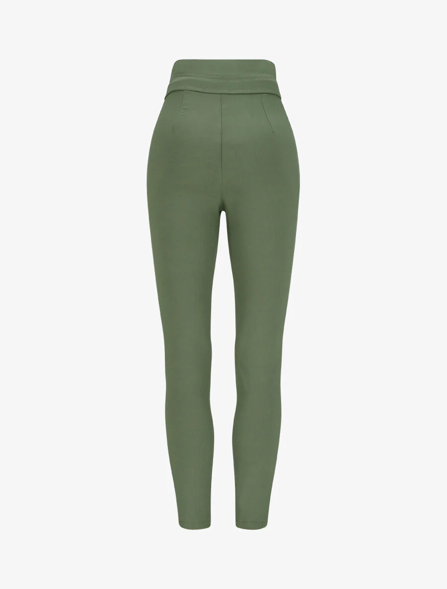 Hoge taille strakke gouden knoop broek - Kakigroen - Image 2