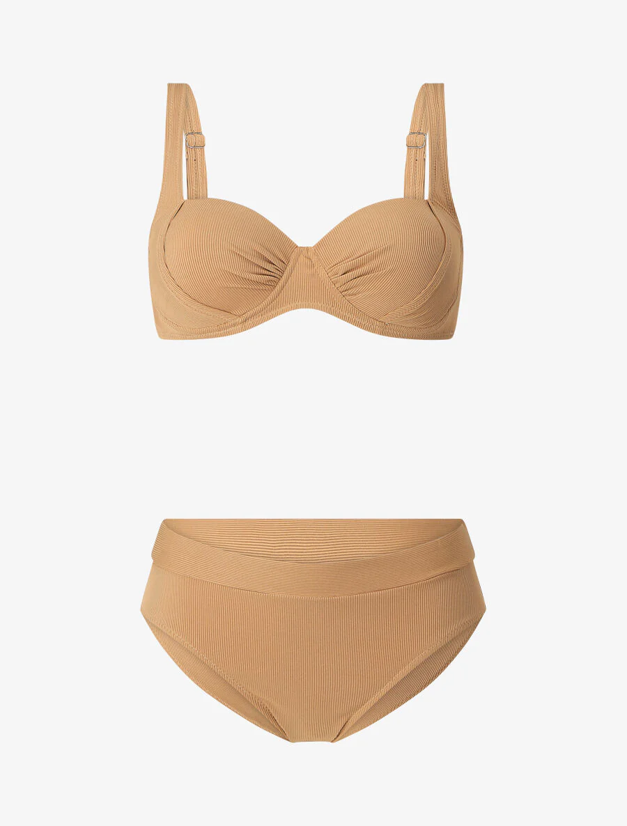 Geribbelde tweedelige set met hoge taille - Donkerbeige