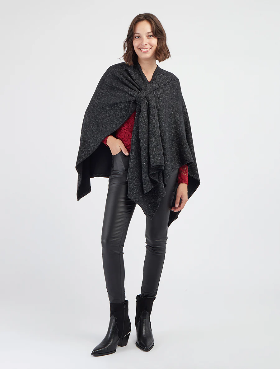 Iridescente effen poncho om te knopen - Zwart - Image 4