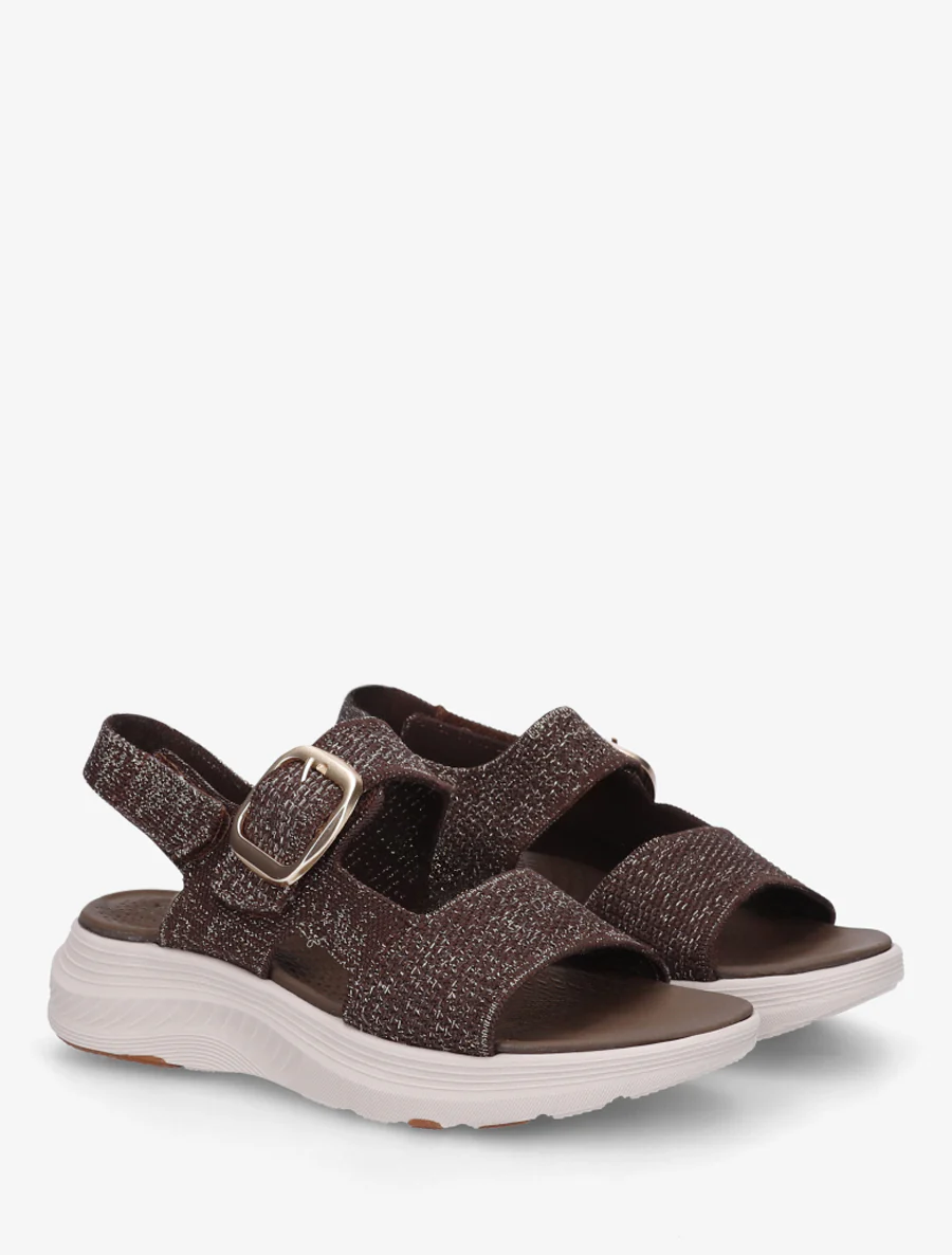 Iridescerende stoffen sandalen met gesp en klittenband. - Bruin - Image 4