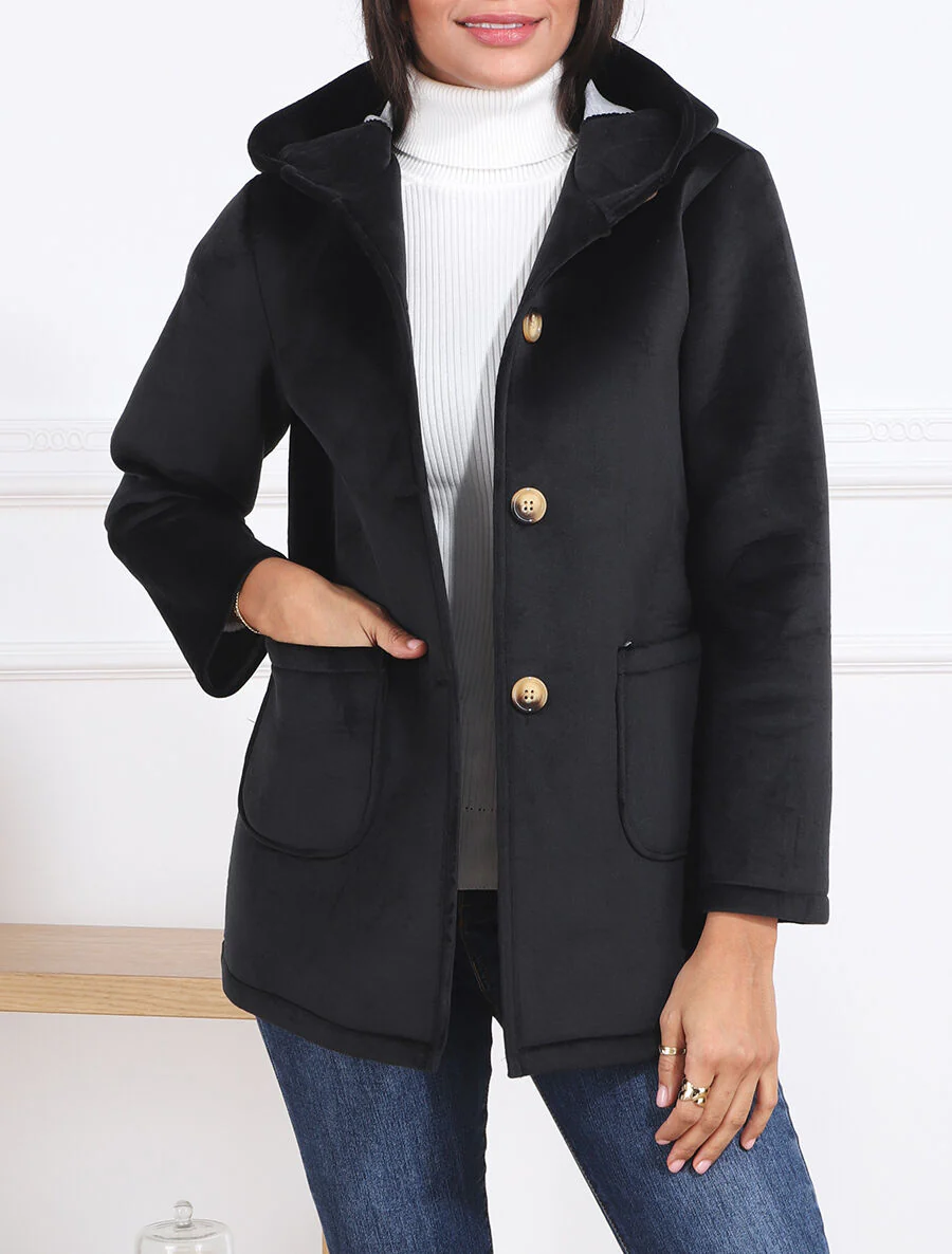 Jas met capuchon in fluwelen look - Zwart - Image 3