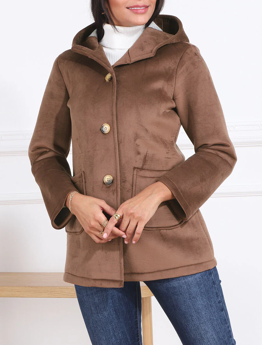 Jas met capuchon in fluwelen look - bruin - Image 3