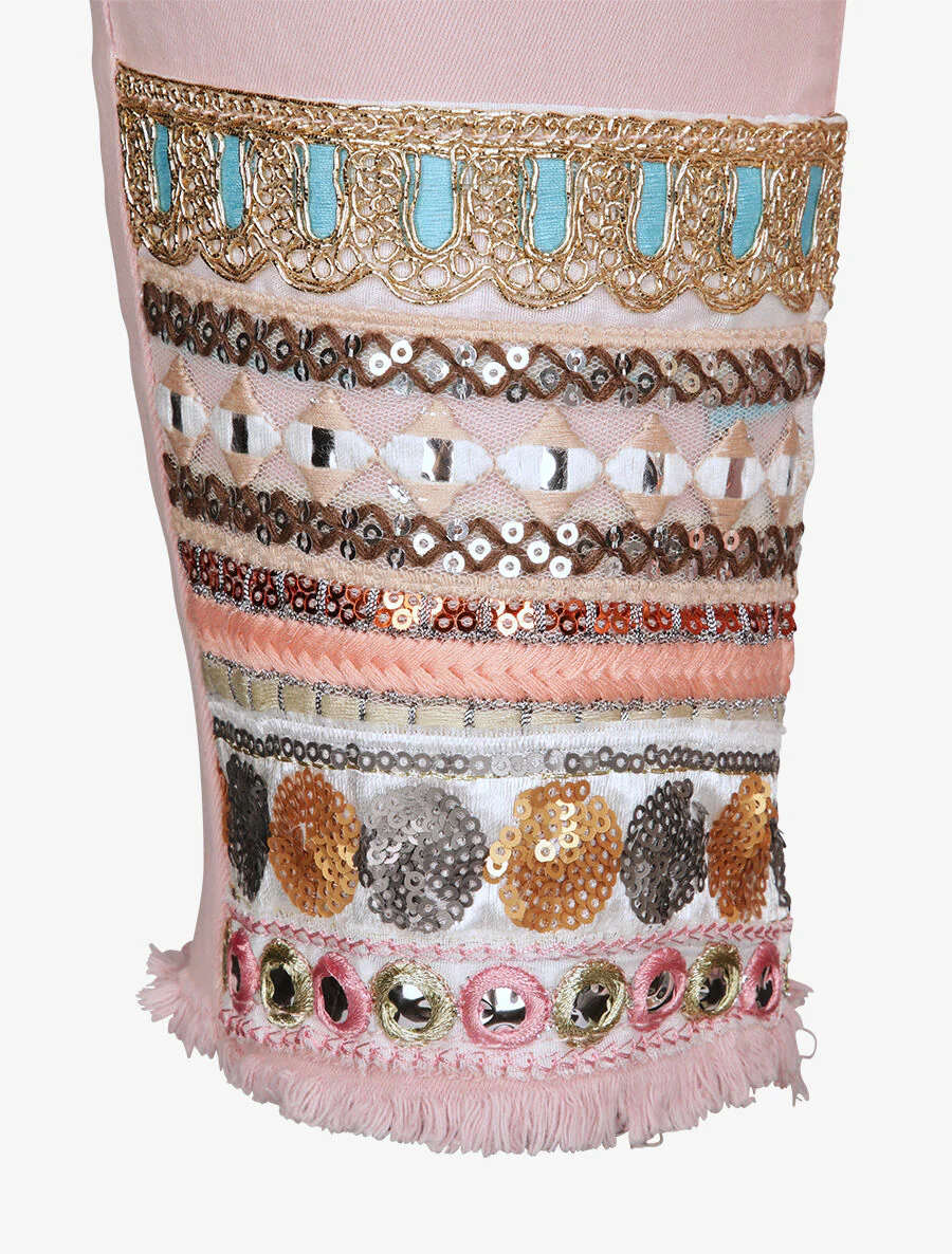 Jean 7/8 met scherpe randen versierd met pailletten - Roze - Image 3