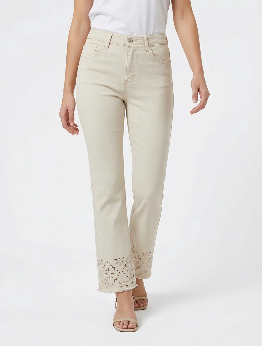 Jean met geborduurde randen. - Beige - Image 4