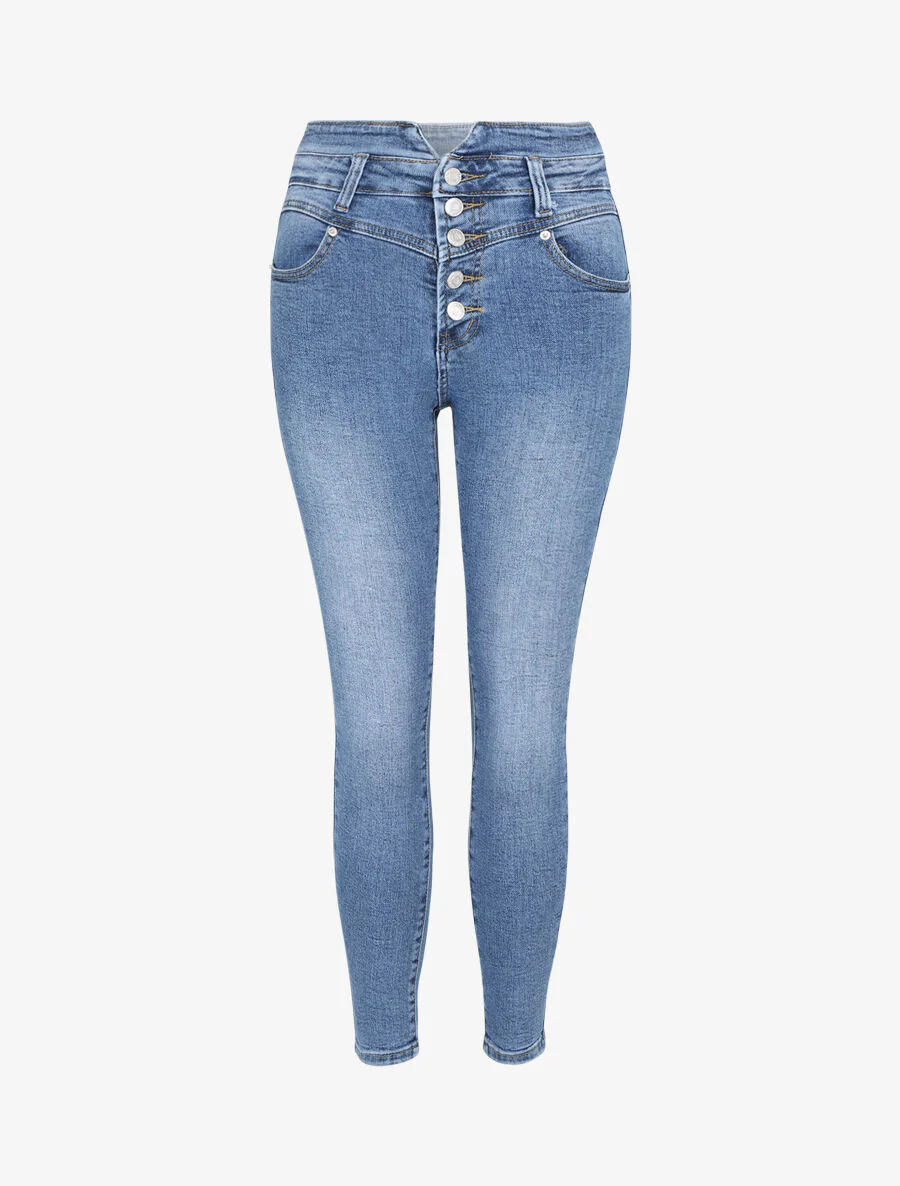 Jean met hoge taille en knopgesp - Blauw denim