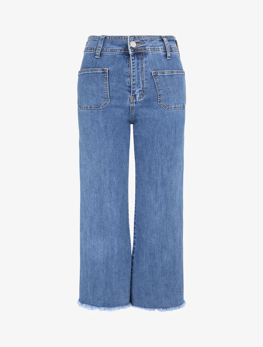 Jean met wijde pijpen en versleten randen - Blauw denim