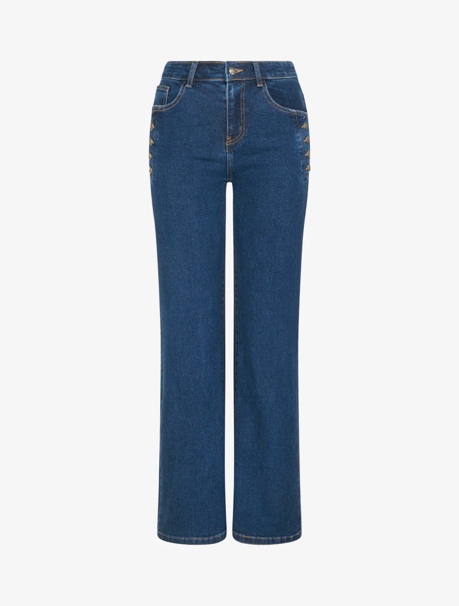Jean met wijde pijpen en zakken versierd met knopen - Denim