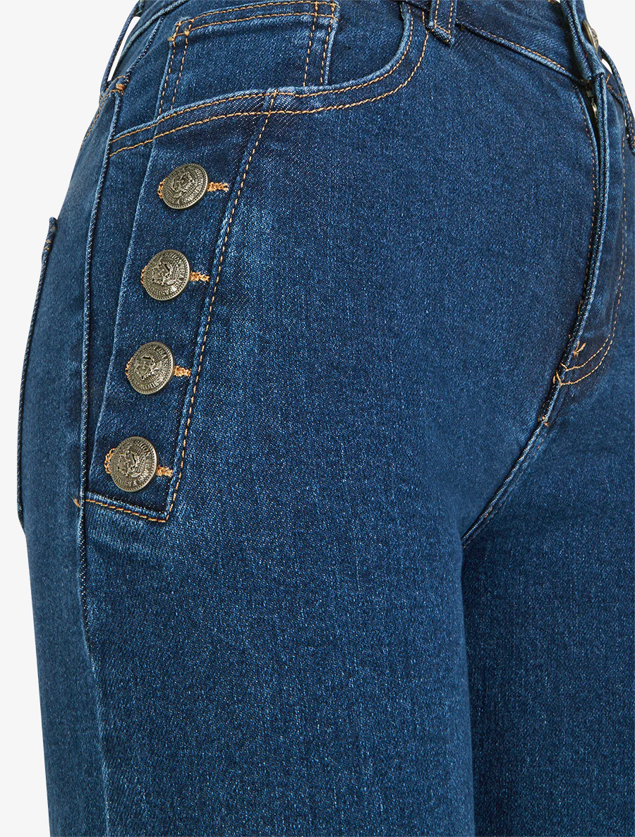 Jean met wijde pijpen en zakken versierd met knopen - Denim - Image 3