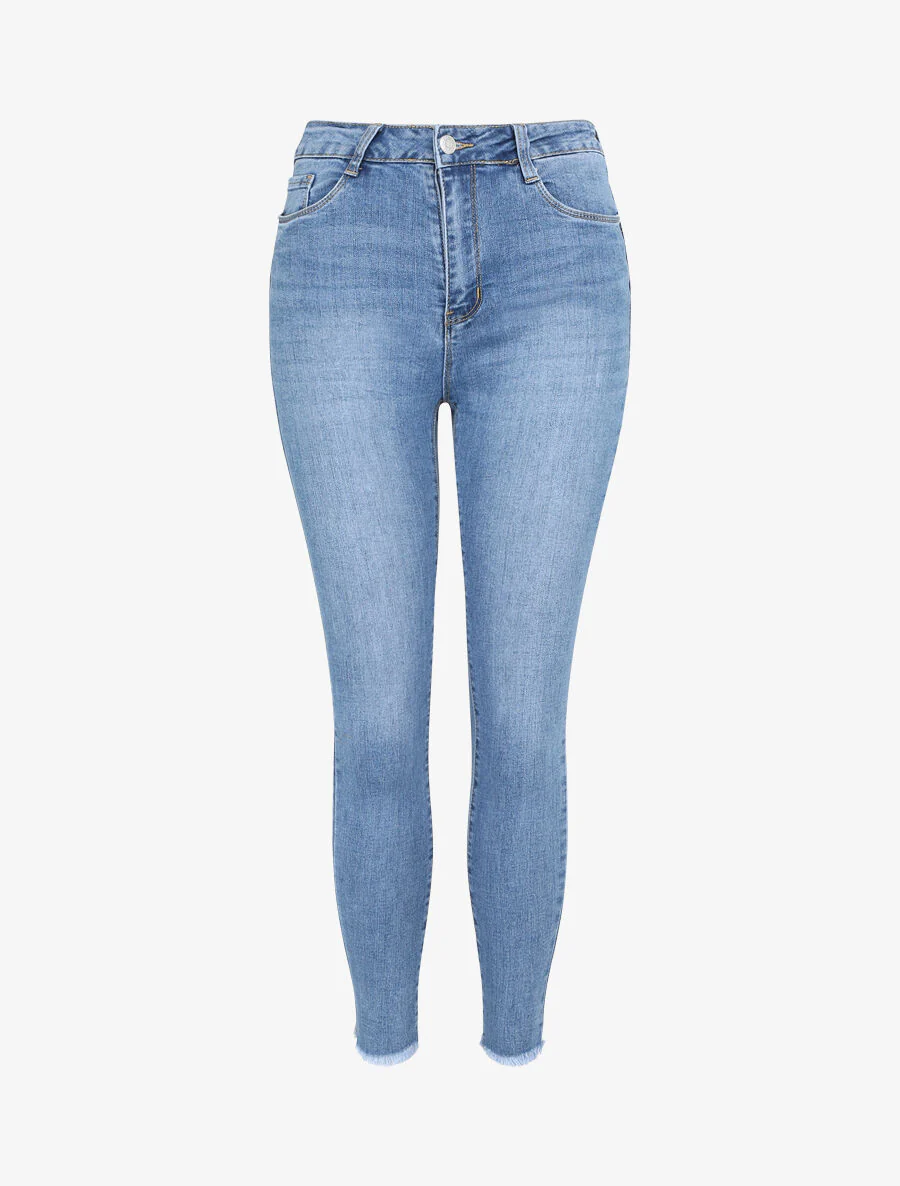Jean push up skinny met rafelige randen - Blauw denim