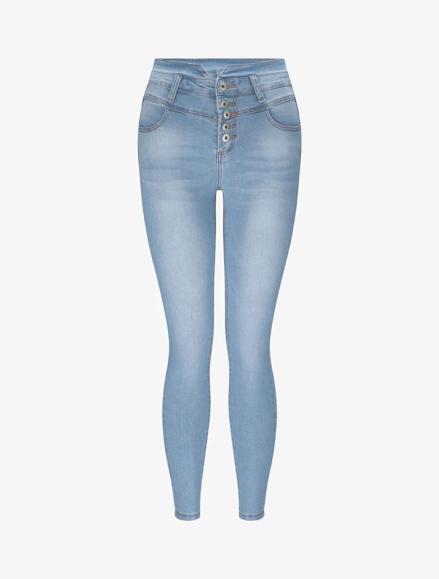 Hoge taille skinny jeans met knopen - Blauw