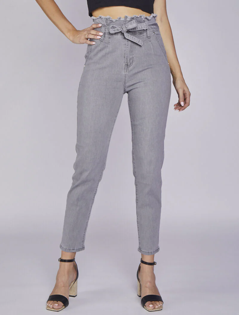 Slim fit paperbag jeans met rafelige taille - Grijs