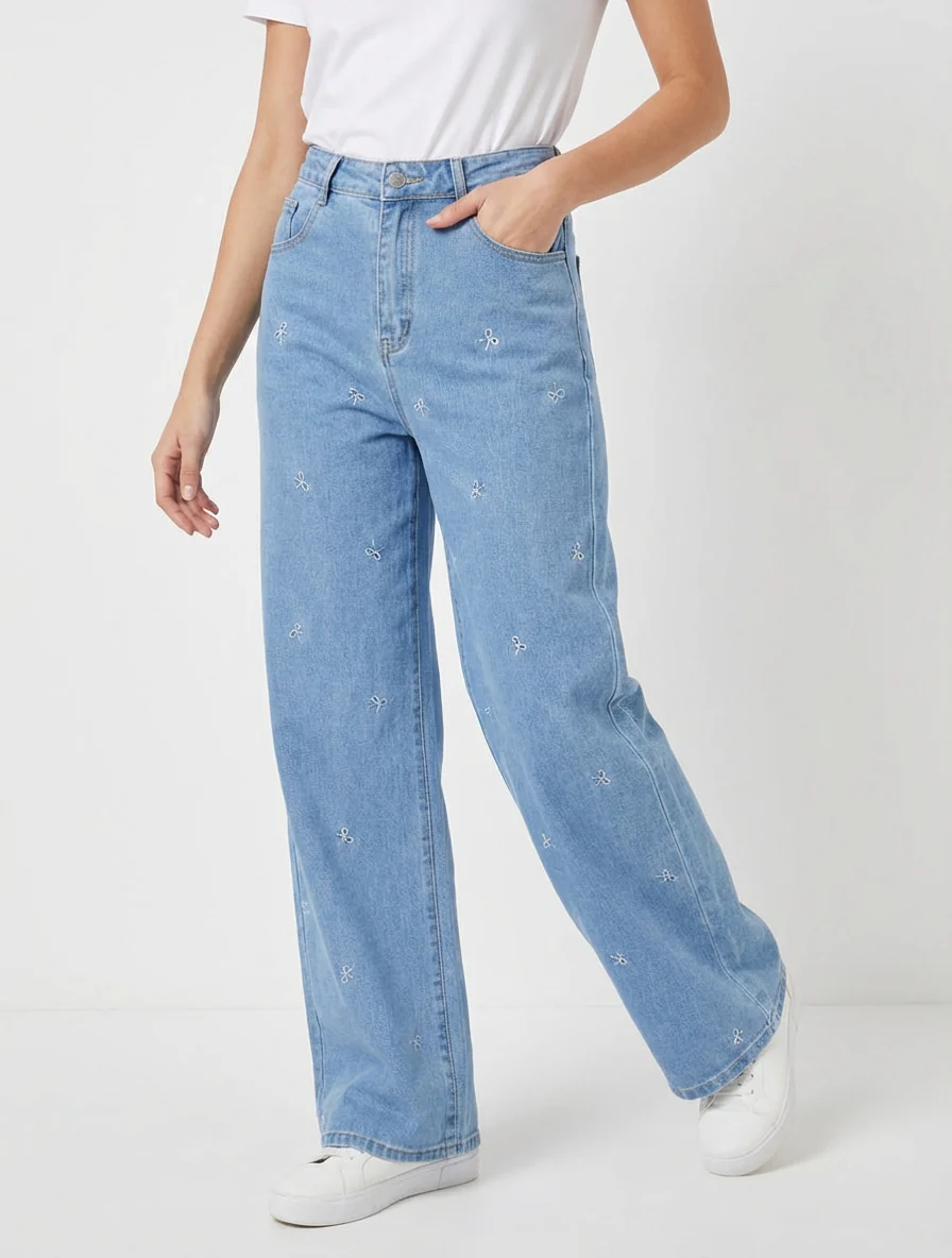 Jeans met borduursel van strikmotief - Blauw - Image 4