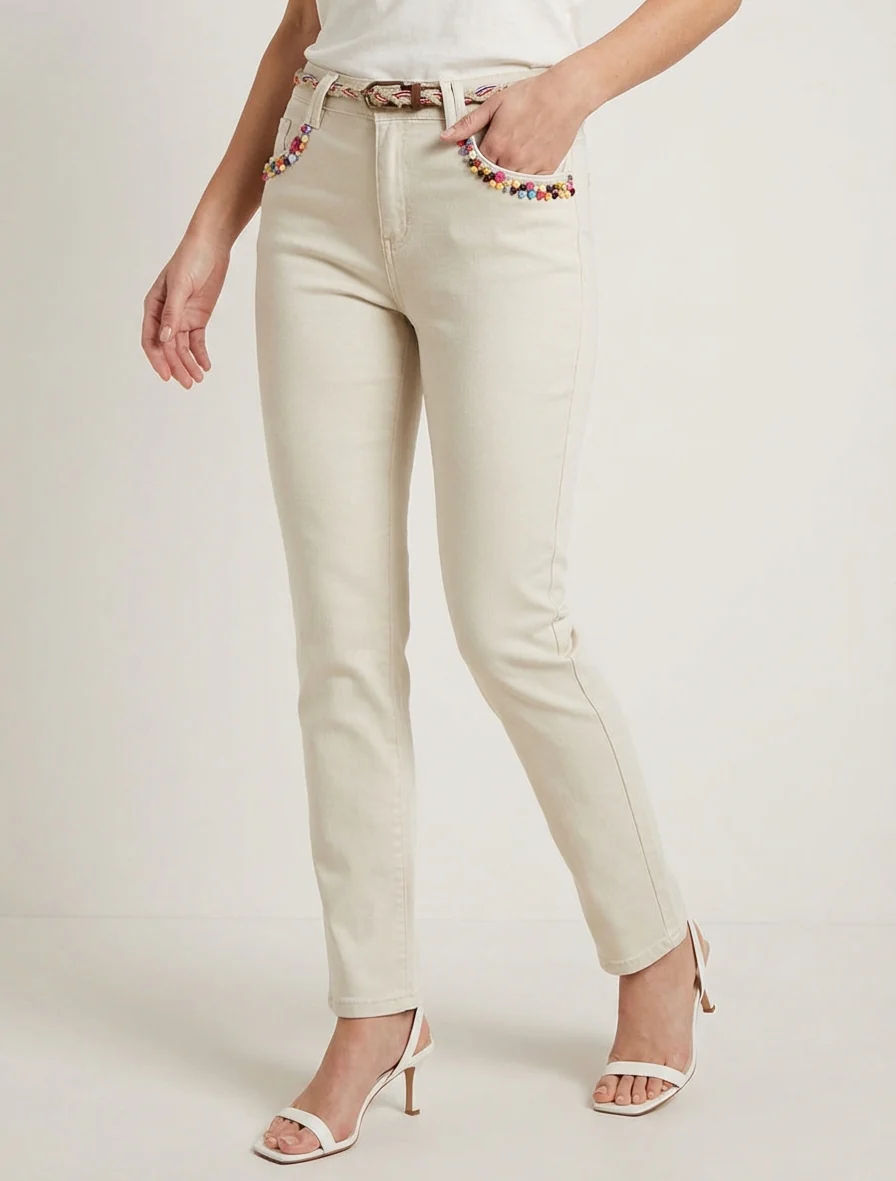 Jeans met fantasieparels en riem - Beige - Image 4