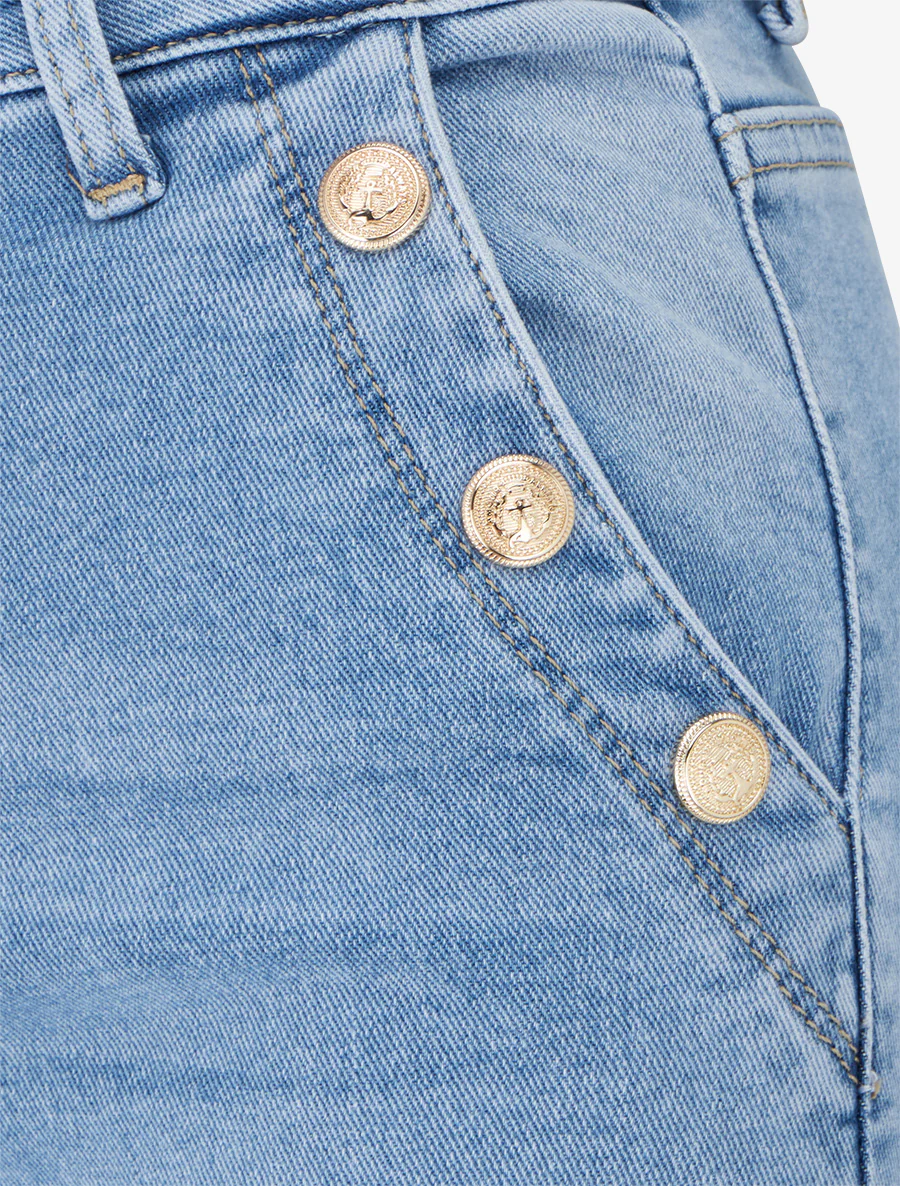 Jeans met hoge taille en decoratieve knopen, rechte snit - Blauw - Image 3