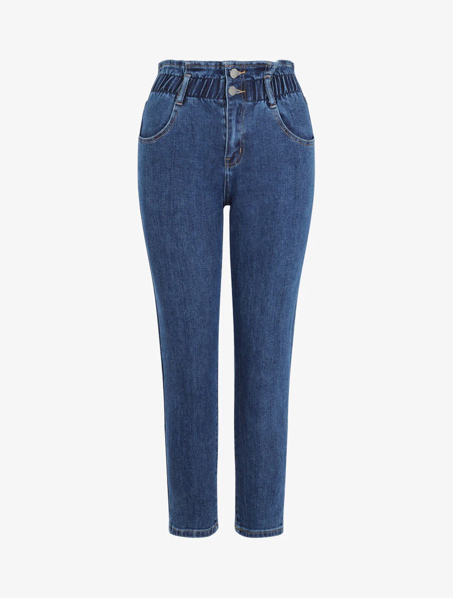 Jean met hoge taille en elastische band - Blauw denim