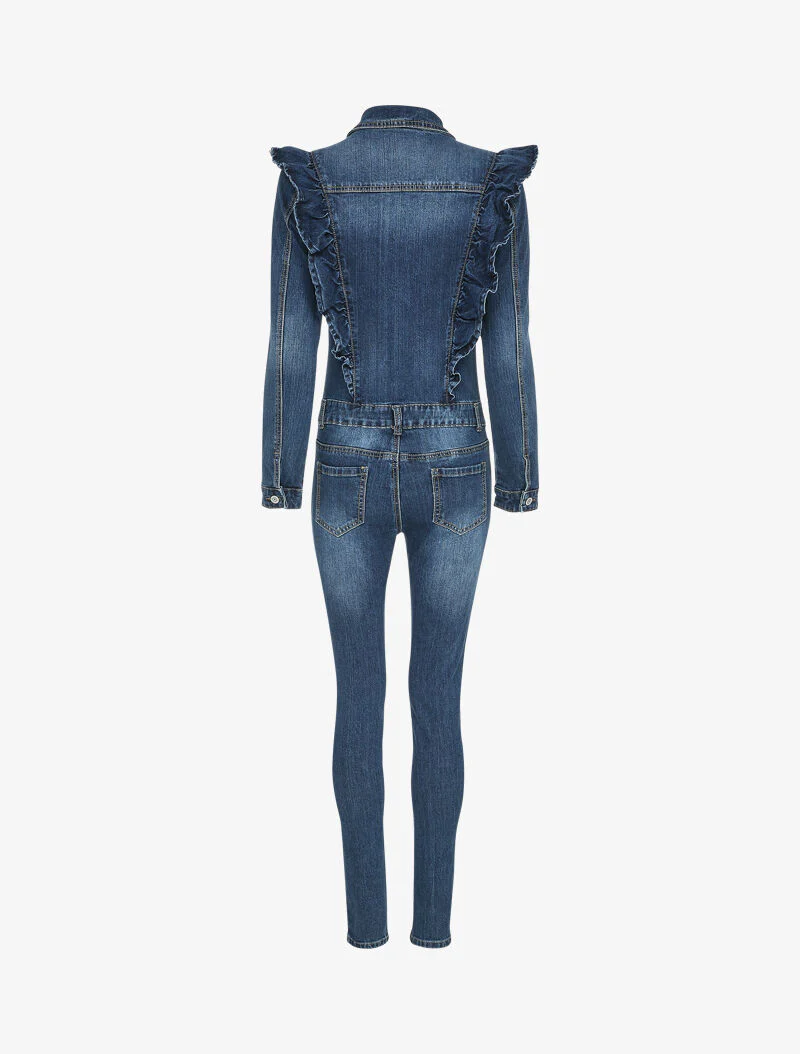Jeans jumpsuit met volantbuste - Blauw denim - Image 2