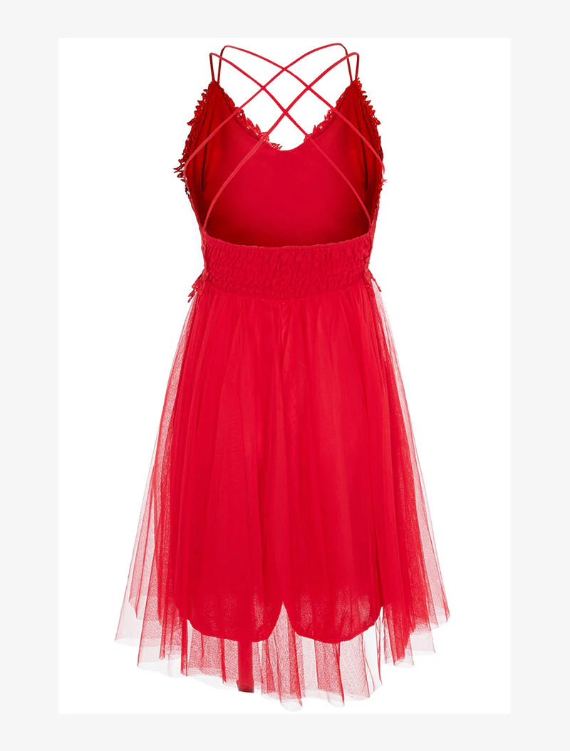 Jurk met twee stoffen en gekruiste bandjes - rood - Image 2