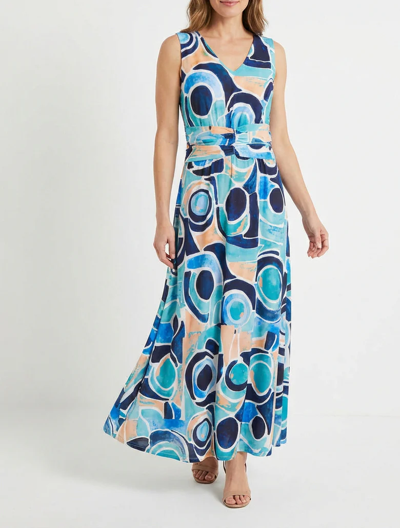 Jurk met abstracte print en elastische taille - Marine - Image 4