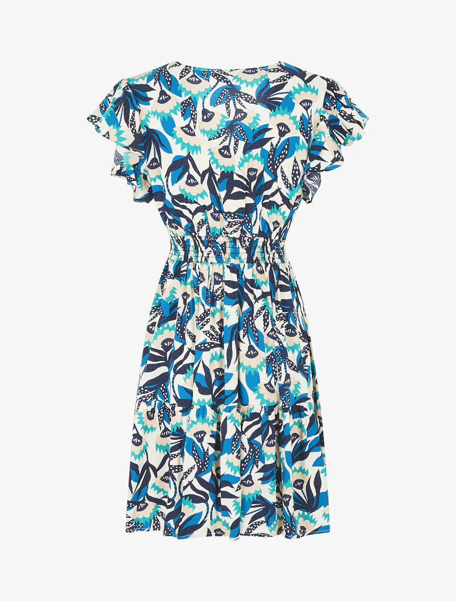Jurk met abstracte print en geborduurde V-hals - blauw - Image 2