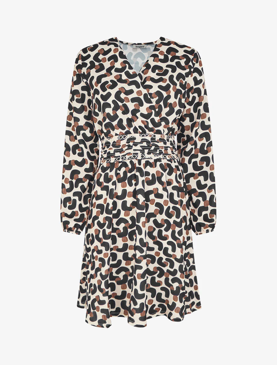 Jurk met abstracte print en overslagkraag - Zwart
