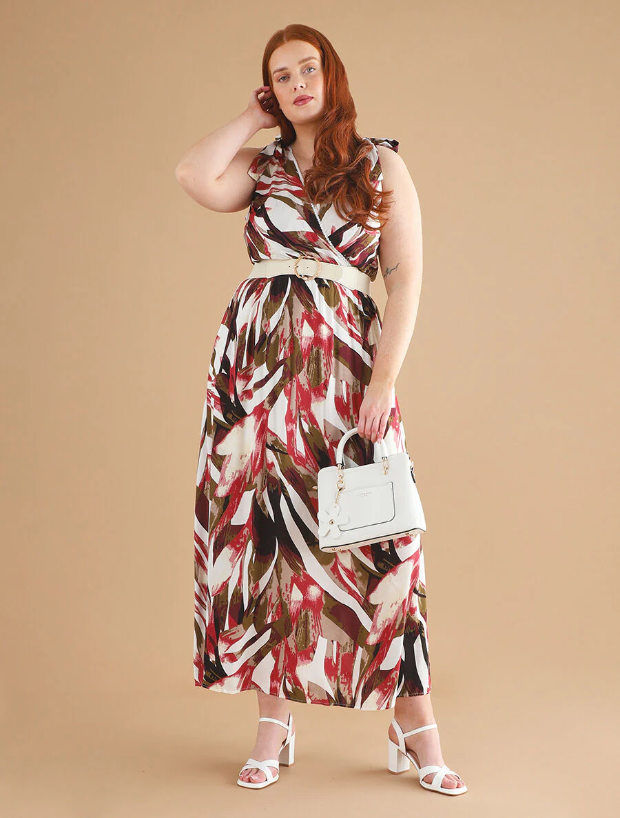 Jurk met abstracte print en schouderstrikken - bordeauxrood - Image 5