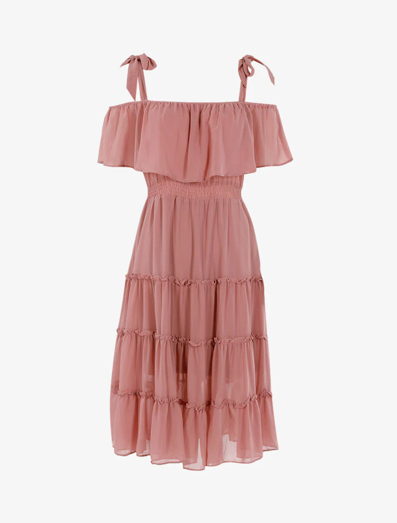 Off-shoulder jurk met ruches - roze