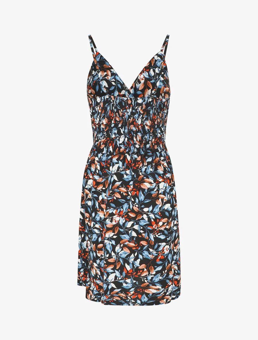 Jurk met bladerdecorprint en dunne bandjes - Zwart - Image 2