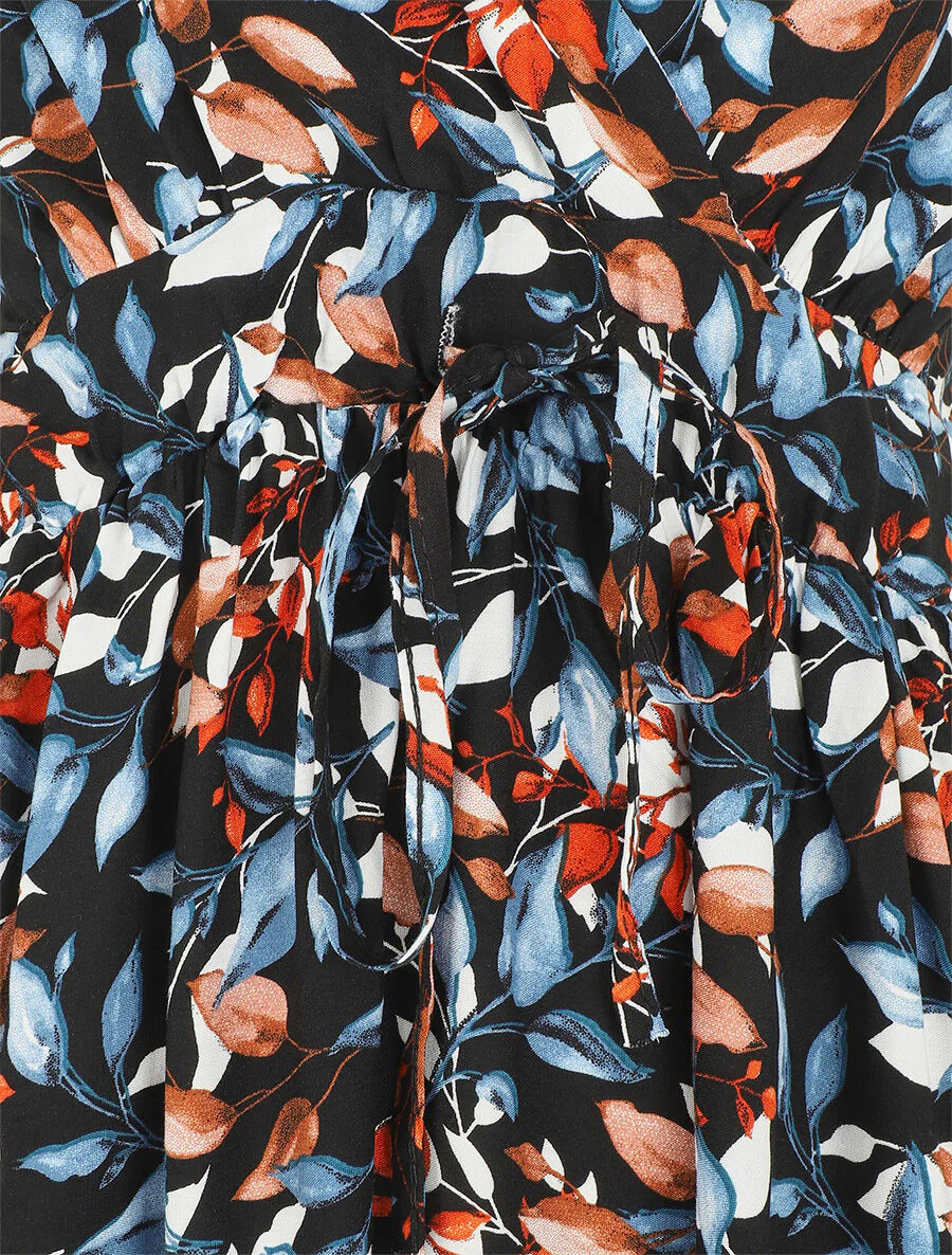 Jurk met bladerdecorprint en dunne bandjes - Zwart - Image 3