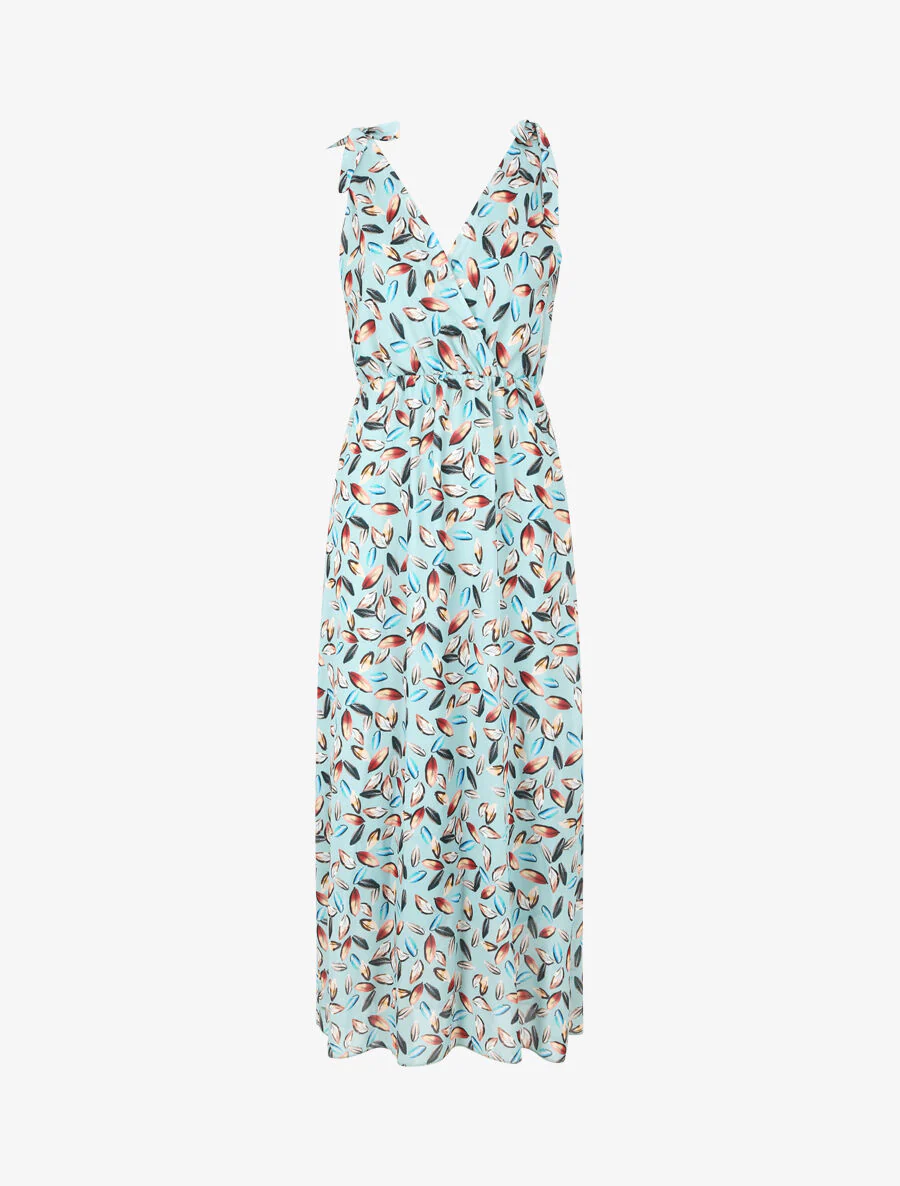Bladerenprint jurk met bandjes en knoopdetail - Lichtblauw