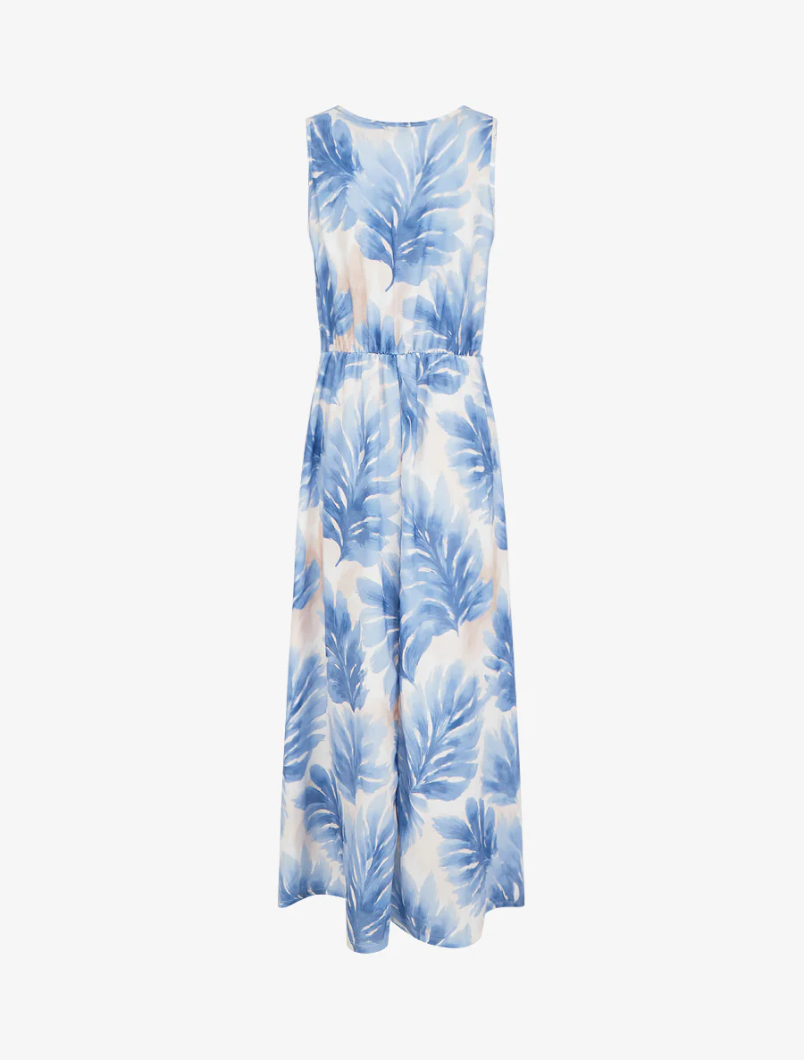 Jurk met bladprint en elastische tailleband - Lichtblauw - Image 2