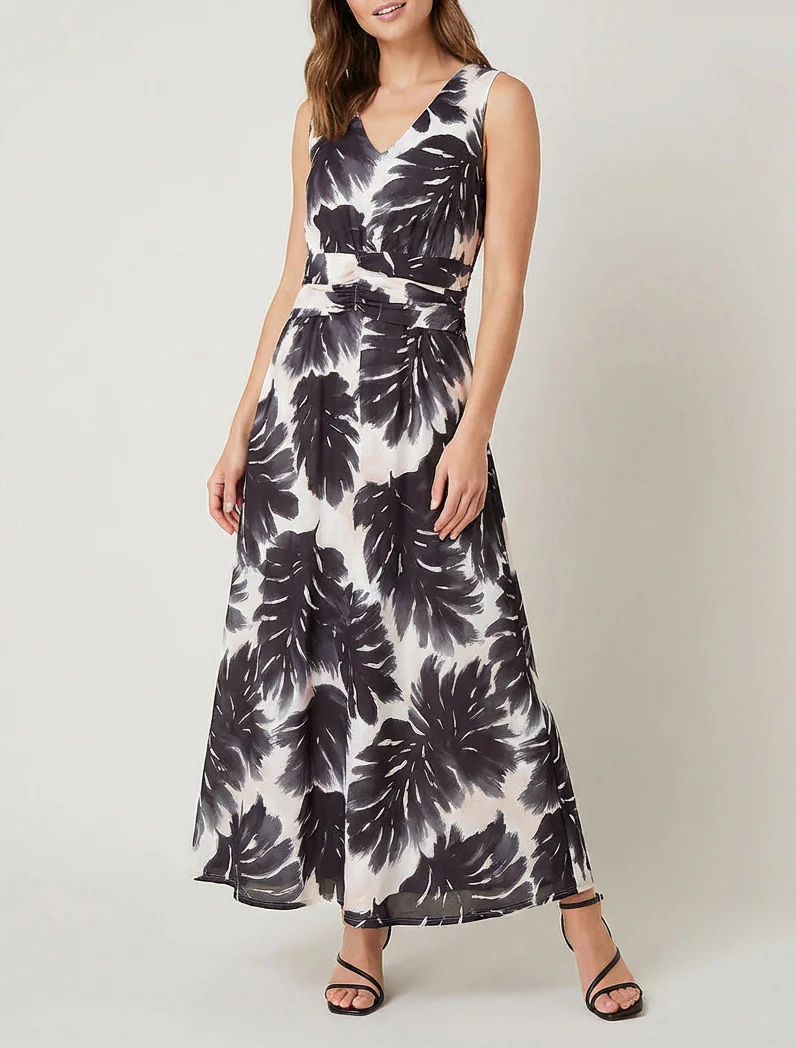 Jurk met bladprint en elastische tailleband - Zwart - Image 4