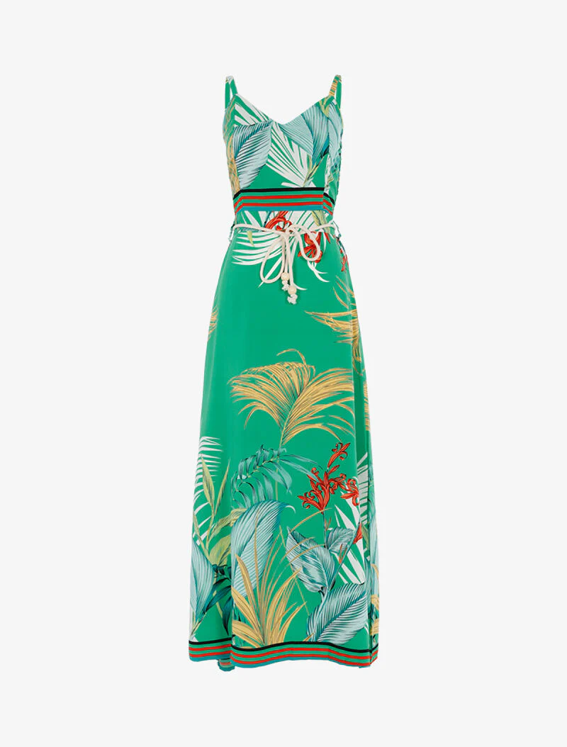 Jurk met bladprint en gestreepte details - groen