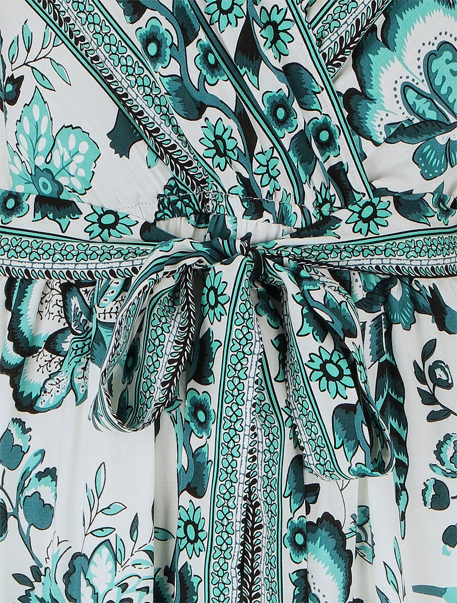 Jurk met bloemige print en elastische taille - groen - Image 3