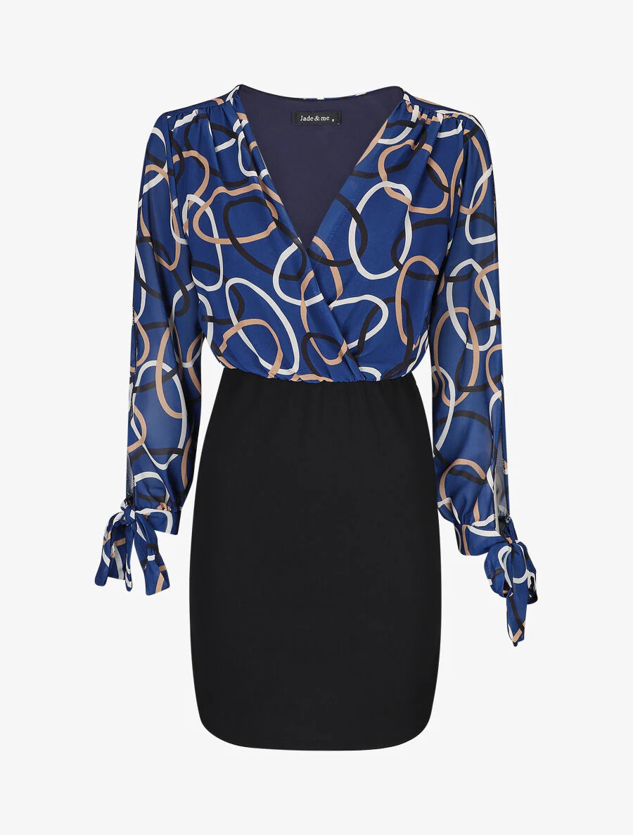 Jurk met een gedrukte ringen boezem - Blauw