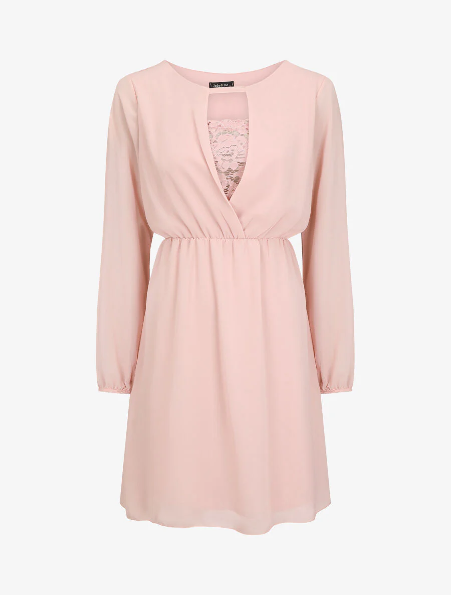 Jurk met elastische taille en kanten detail - Roze