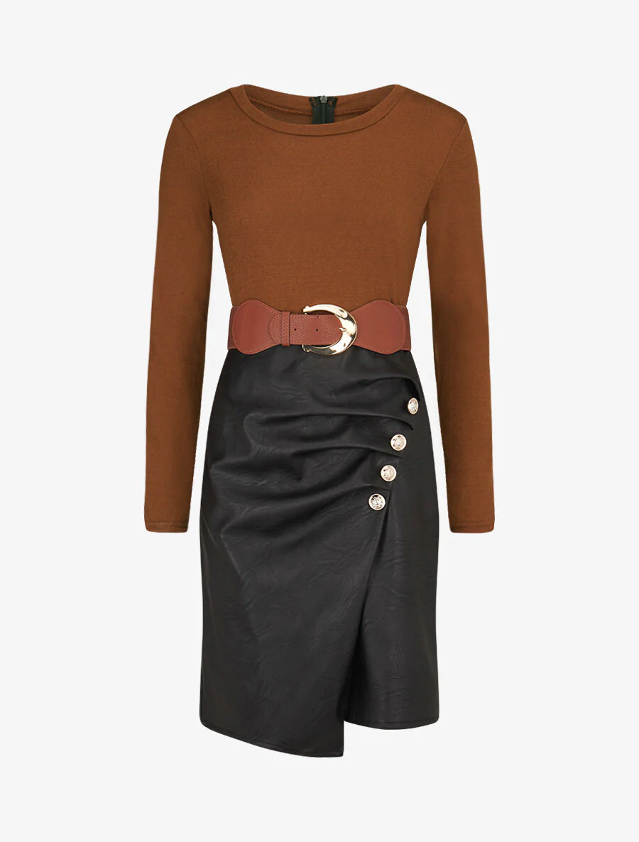 Jurk met geplooide rok van twee materialen met knopen - Camel
