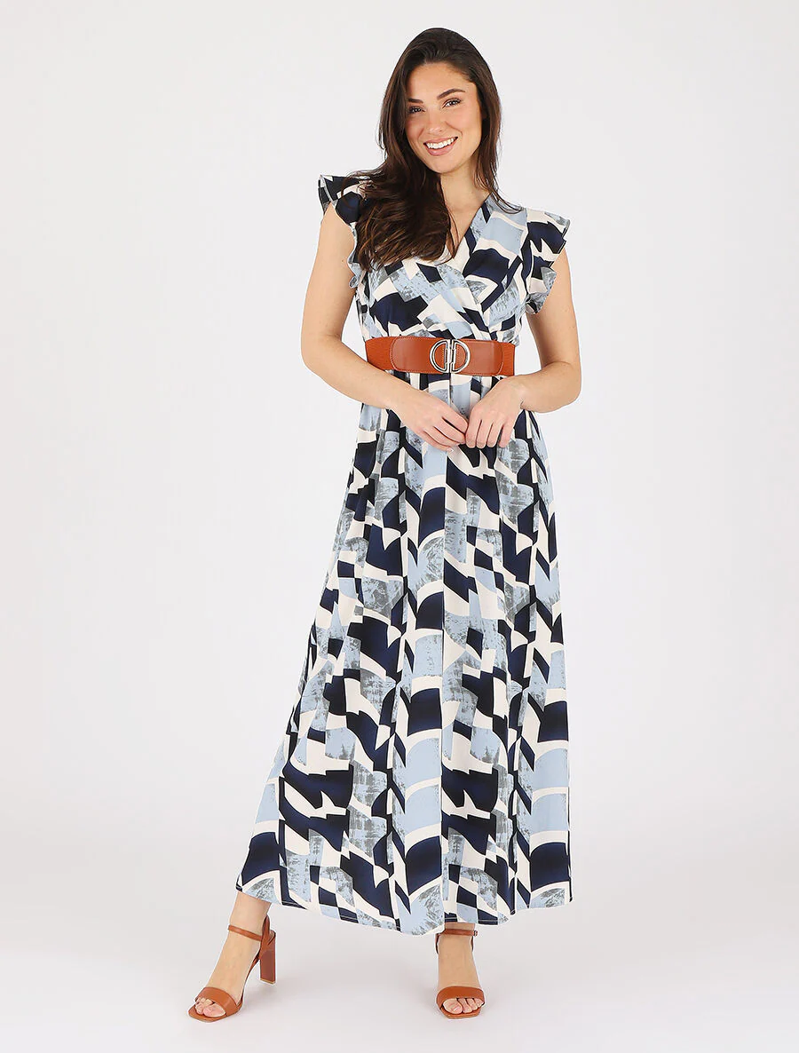 Jurk met grafische print. korte mouwen met ruches - blauw - Image 4
