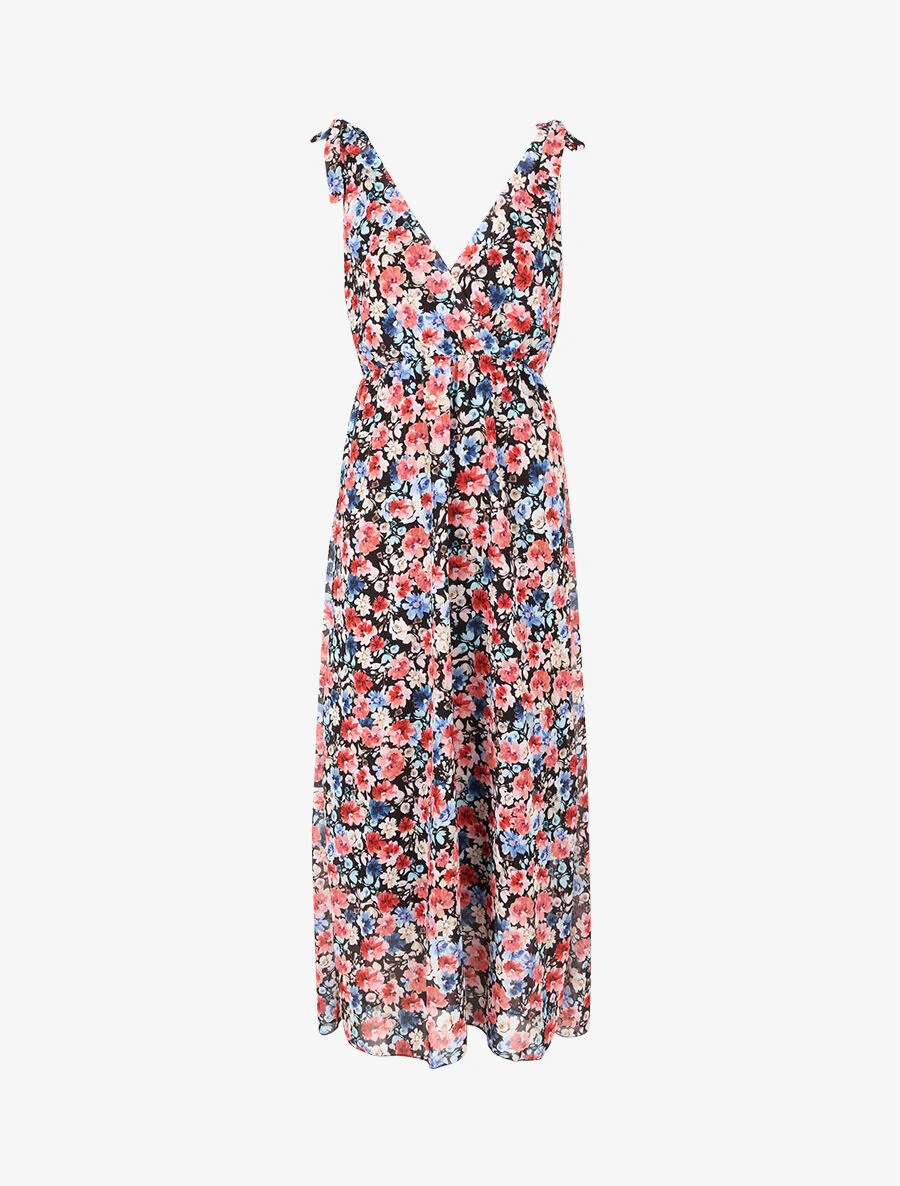Jurk met landelijke bloemenprint met bandjes en knoopdetail - Zwart
