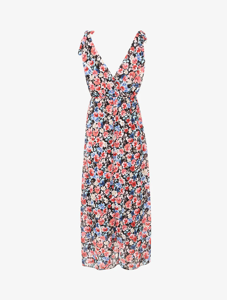 Jurk met landelijke bloemenprint met bandjes en knoopdetail - Zwart - Image 2