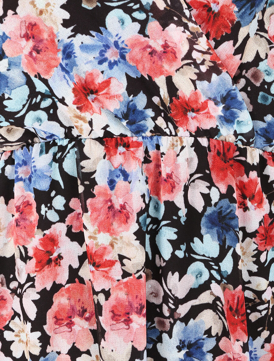 Jurk met landelijke bloemenprint met bandjes en knoopdetail - Zwart - Image 3