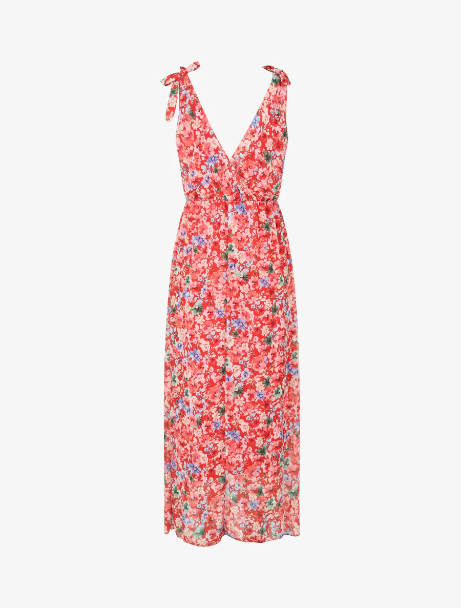 Jurk met landelijke bloemenprint met bandjes en knoopdetail - Rood - Image 2