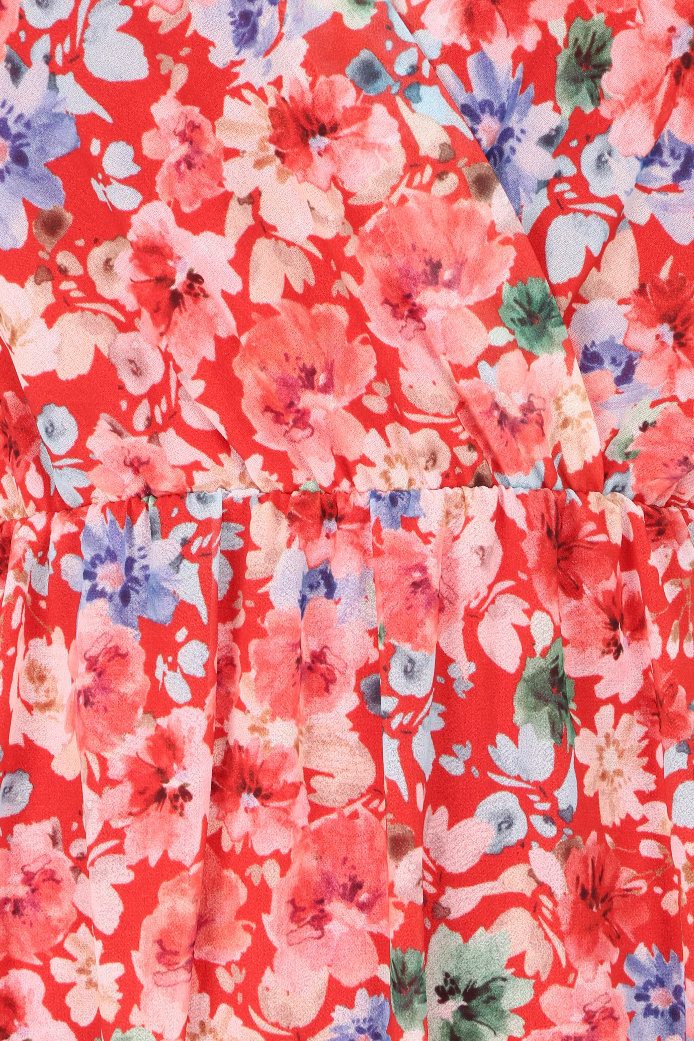 Jurk met landelijke bloemenprint met bandjes en knoopdetail - Rood - Image 3