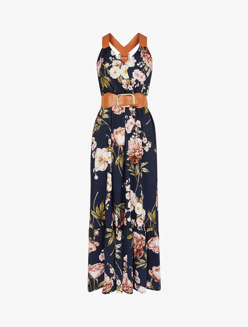 Jurk met prints en imitatiebandjes - Marineblauw
