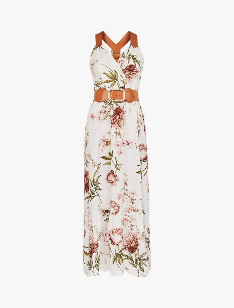 Jurk met prints en imitatiebandjes - ecru