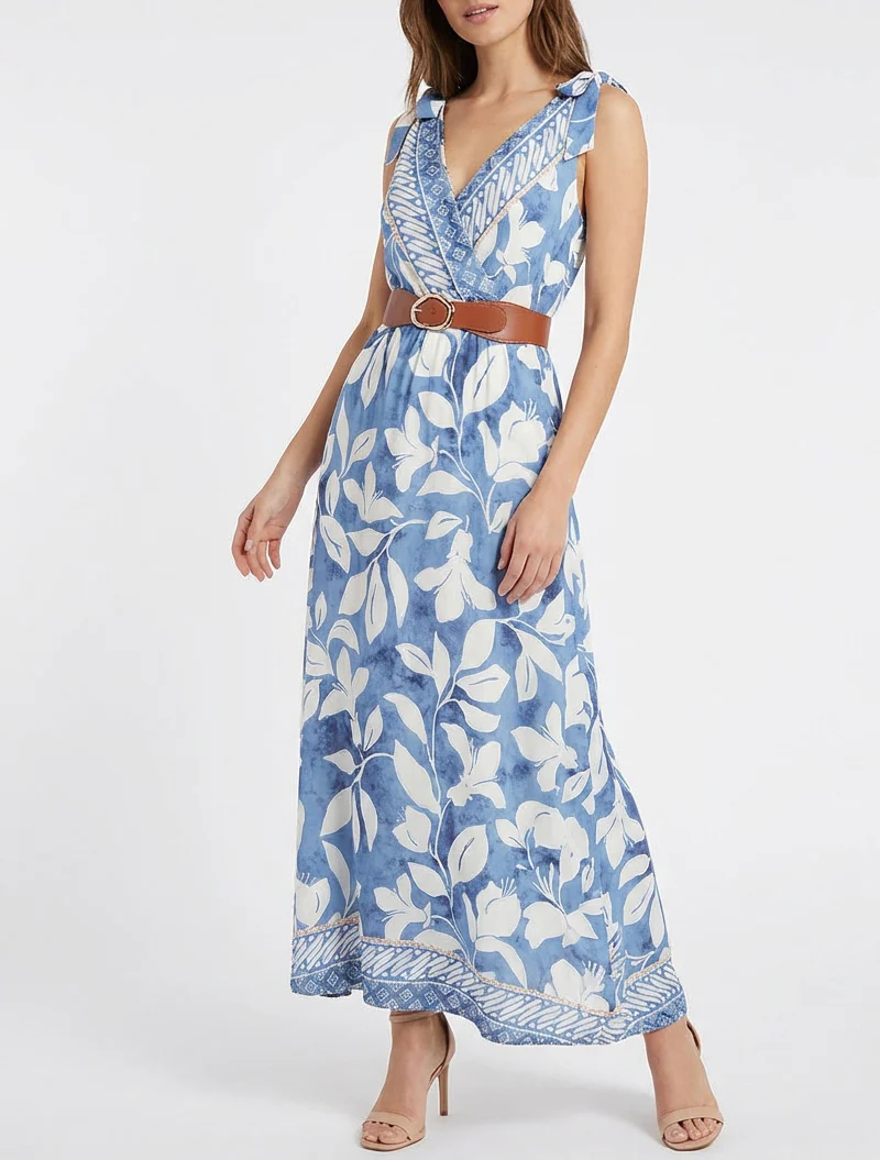 Jurk met tropische bloemenprint en strikbandjes - Lichtblauw - Image 4